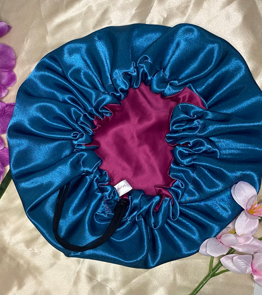 Blue and pink double lined drawstring bonnet
